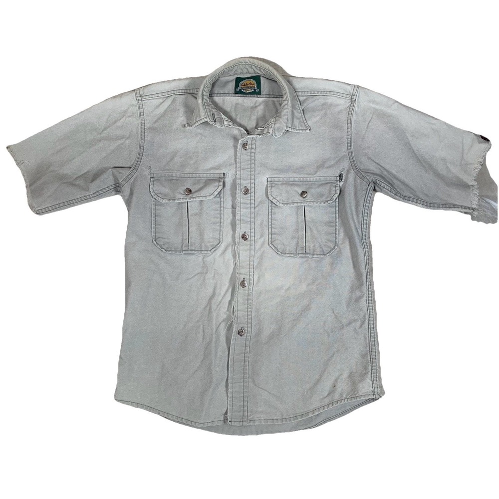 Cabelas Button Down Shirt Mens L Gray Fair Distressed Canvas Short Sleeve